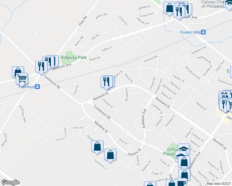 map of restaurants, bars, coffee shops, grocery stores, and more near 104 Rennard Terrace in Philadelphia