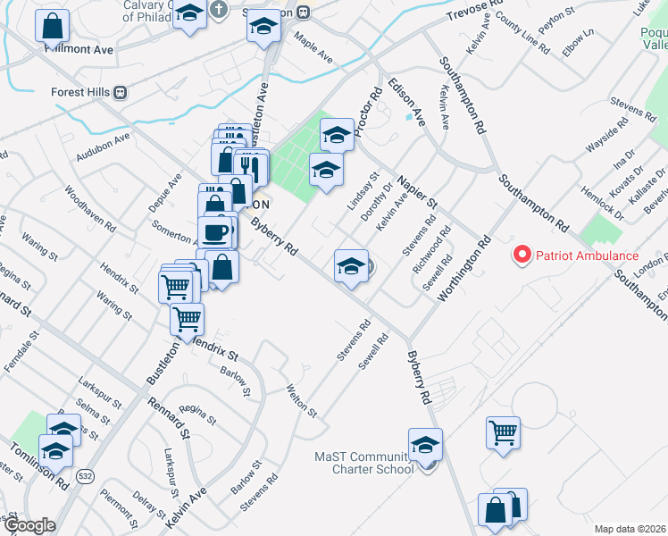 map of restaurants, bars, coffee shops, grocery stores, and more near 13010 Gaston Lane in Philadelphia