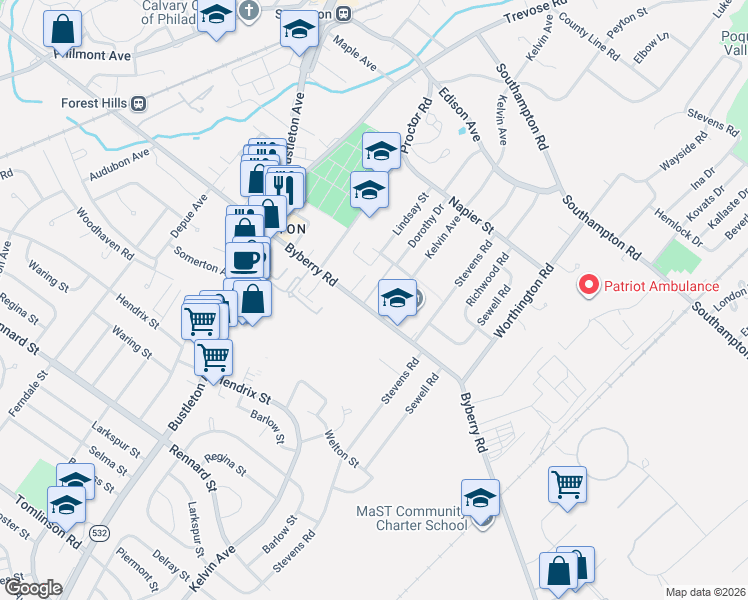 map of restaurants, bars, coffee shops, grocery stores, and more near 13010 Gaston Lane in Philadelphia