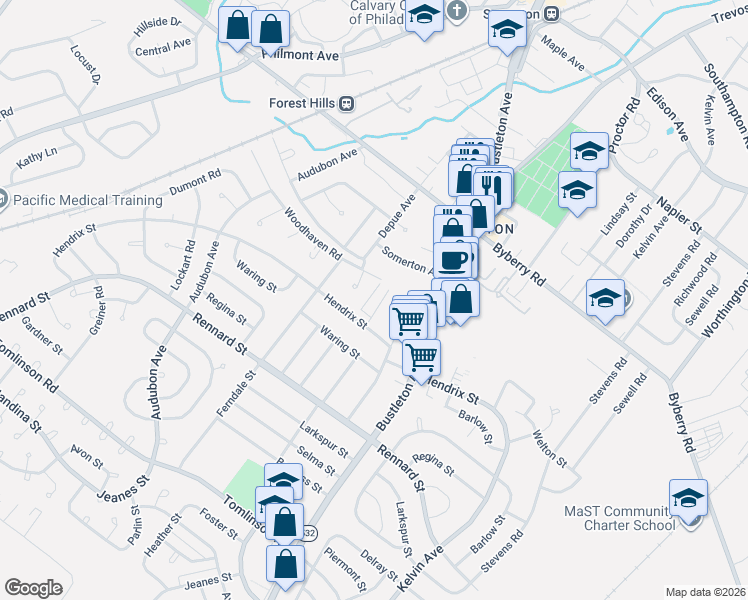 map of restaurants, bars, coffee shops, grocery stores, and more near 492 Depue Avenue in Philadelphia