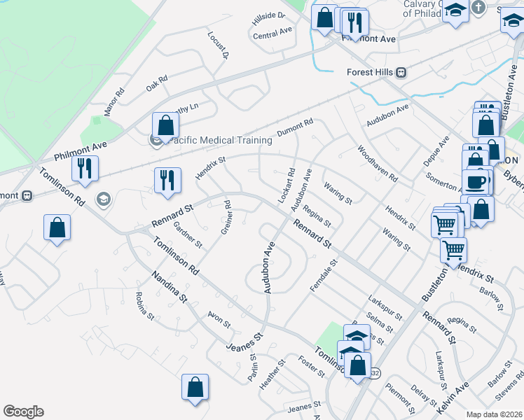 map of restaurants, bars, coffee shops, grocery stores, and more near 167 Rennard Street in Philadelphia