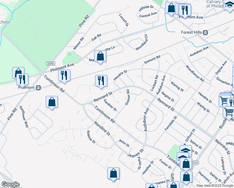 map of restaurants, bars, coffee shops, grocery stores, and more near 104 Rennard Terrace in Philadelphia