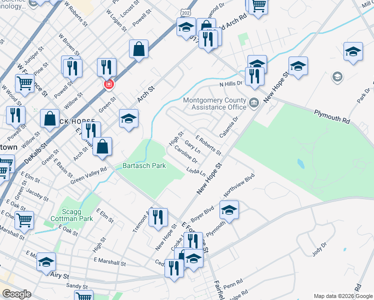 map of restaurants, bars, coffee shops, grocery stores, and more near 605 Gary Lane in Norristown