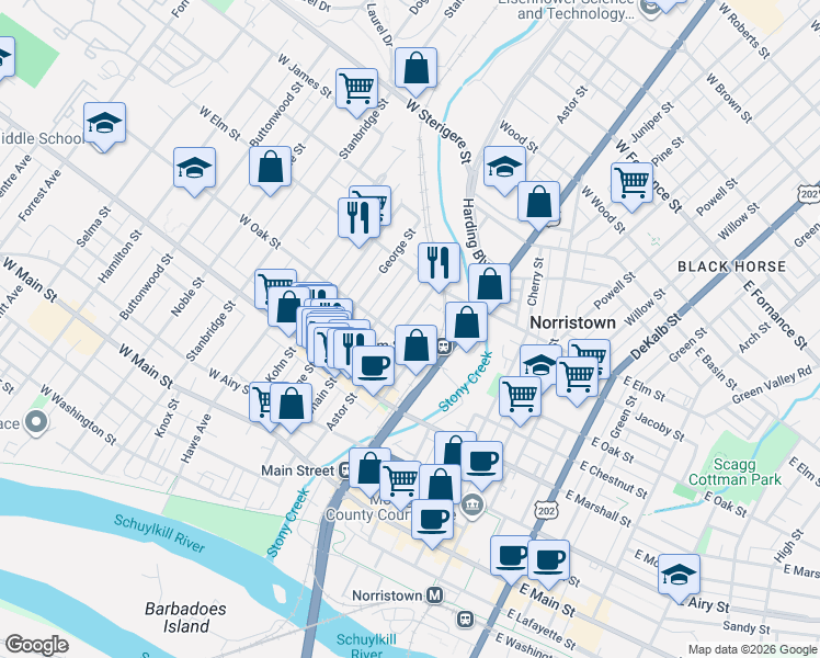 map of restaurants, bars, coffee shops, grocery stores, and more near 734 March Alley in Norristown