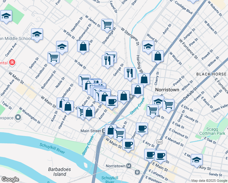 map of restaurants, bars, coffee shops, grocery stores, and more near 702 George Street in Norristown