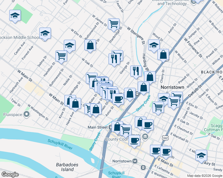 map of restaurants, bars, coffee shops, grocery stores, and more near 702 George Street in Norristown