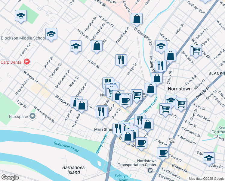 map of restaurants, bars, coffee shops, grocery stores, and more near 654 Kohn Street in Norristown