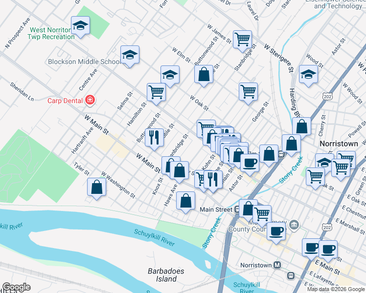 map of restaurants, bars, coffee shops, grocery stores, and more near 565 Stanbridge Street in Norristown