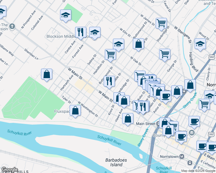 map of restaurants, bars, coffee shops, grocery stores, and more near 500 Buttonwood Street in Norristown