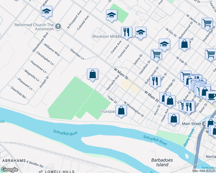 map of restaurants, bars, coffee shops, grocery stores, and more near 122 Rosemont Avenue in Norristown