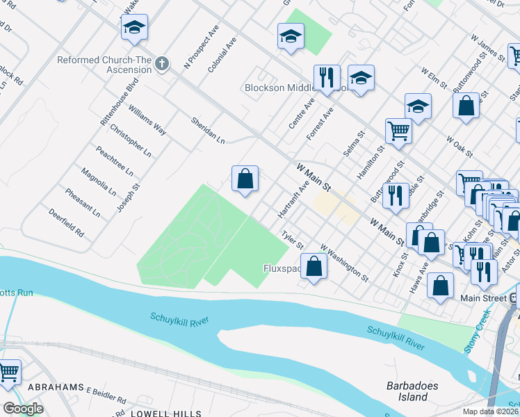 map of restaurants, bars, coffee shops, grocery stores, and more near 104 Forrest Avenue in Norristown