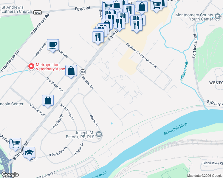 map of restaurants, bars, coffee shops, grocery stores, and more near 703 Kennedy Court in Eagleville