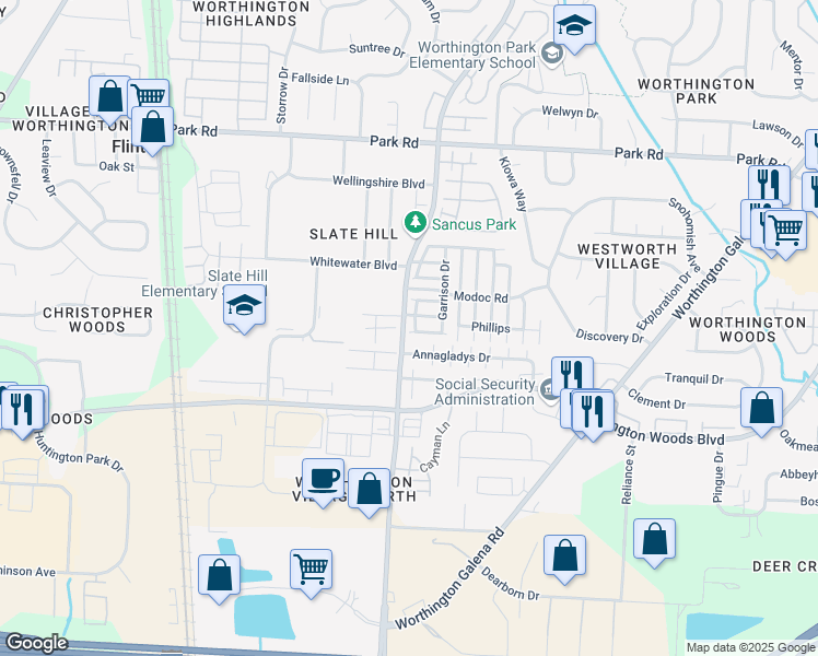 map of restaurants, bars, coffee shops, grocery stores, and more near 7685 Reedy Drive in Columbus