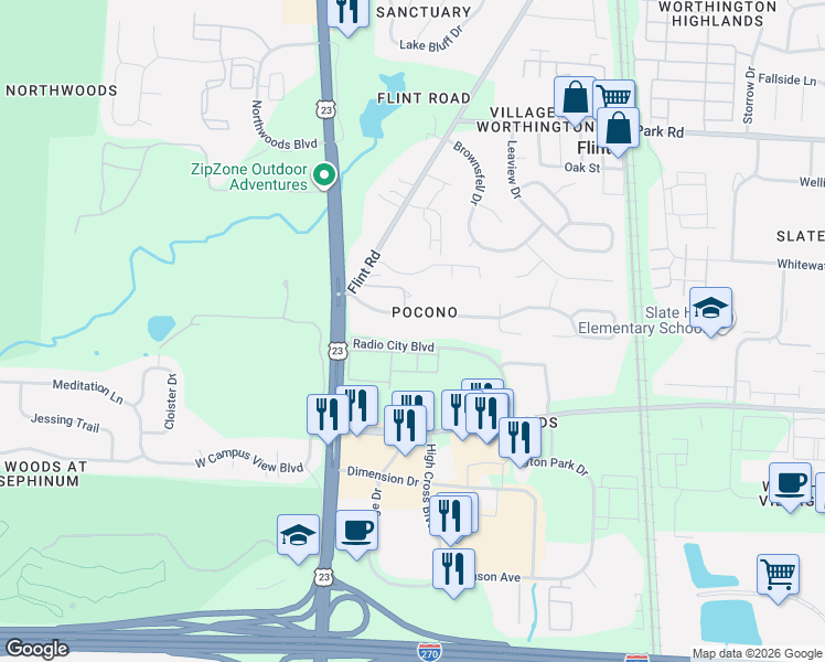 map of restaurants, bars, coffee shops, grocery stores, and more near 60 Pocono Road in Columbus