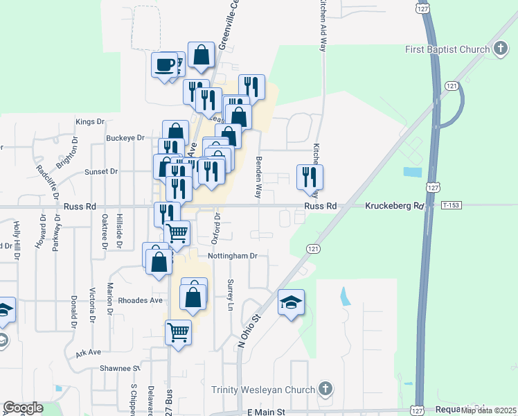 map of restaurants, bars, coffee shops, grocery stores, and more near 1200 Russ Road in Greenville