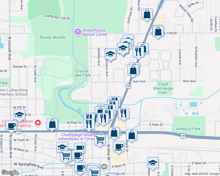 map of restaurants, bars, coffee shops, grocery stores, and more near in Urbana