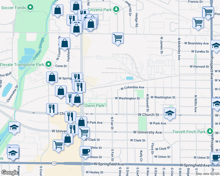 map of restaurants, bars, coffee shops, grocery stores, and more near 599 North Fair Street in Champaign