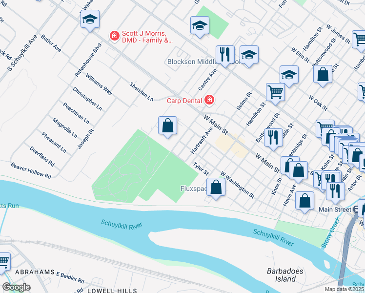 map of restaurants, bars, coffee shops, grocery stores, and more near 31 Rosemont Avenue in Norristown