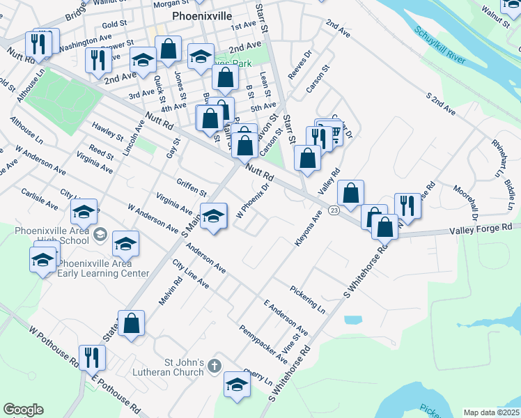 map of restaurants, bars, coffee shops, grocery stores, and more near 18 Dianna Drive in Phoenixville