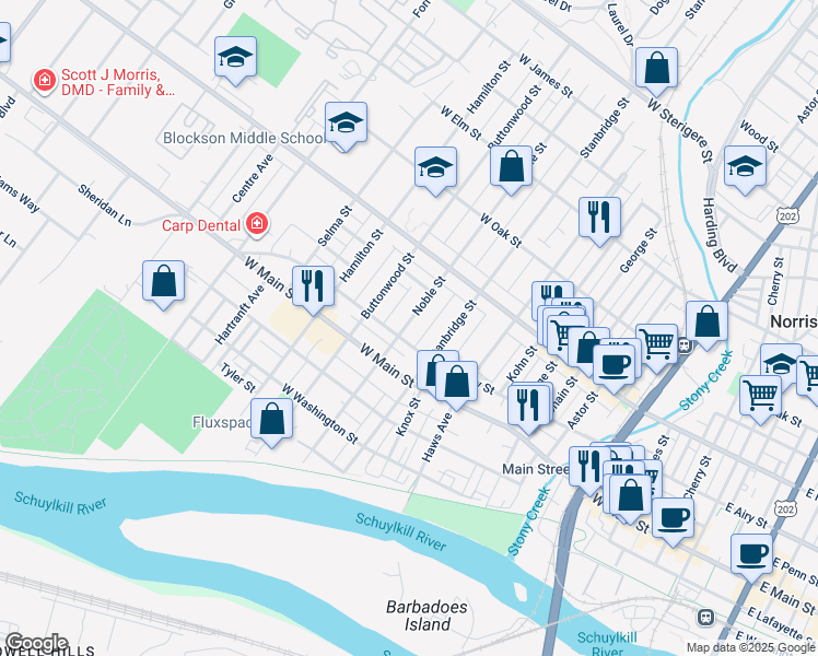 map of restaurants, bars, coffee shops, grocery stores, and more near 510 Noble Street in Norristown