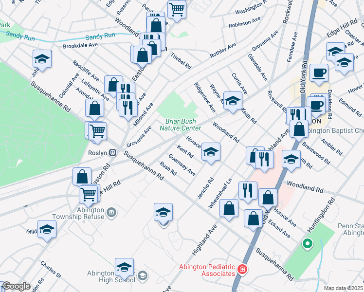 map of restaurants, bars, coffee shops, grocery stores, and more near 2153 Kent Road in Abington
