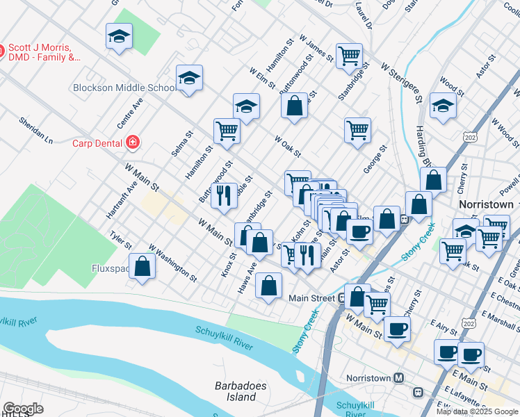 map of restaurants, bars, coffee shops, grocery stores, and more near 544 Stanbridge Street in Norristown