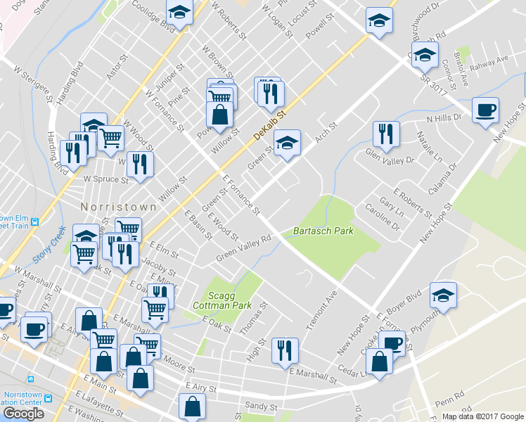 map of restaurants, bars, coffee shops, grocery stores, and more near 307 East Fornance Street in Norristown
