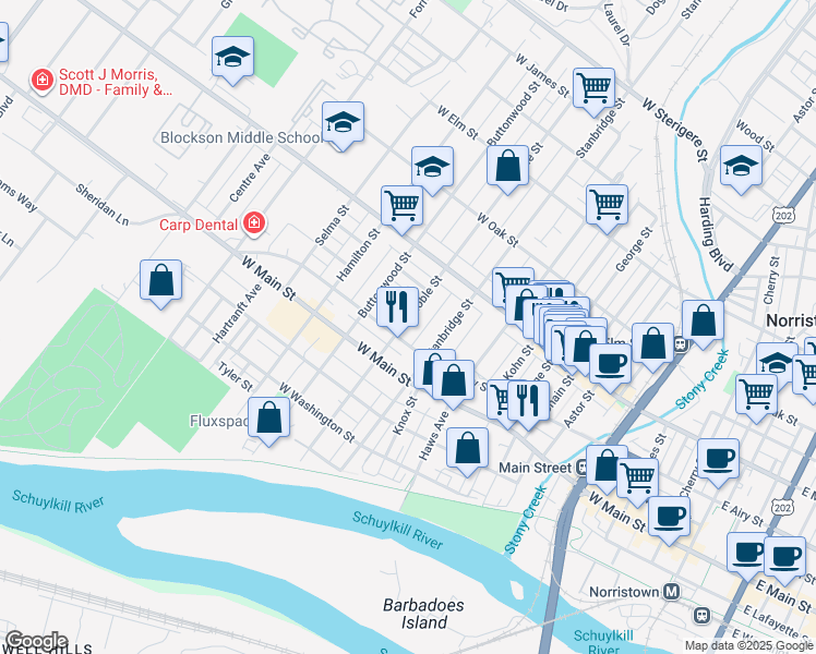 map of restaurants, bars, coffee shops, grocery stores, and more near 512 Noble Street in Norristown