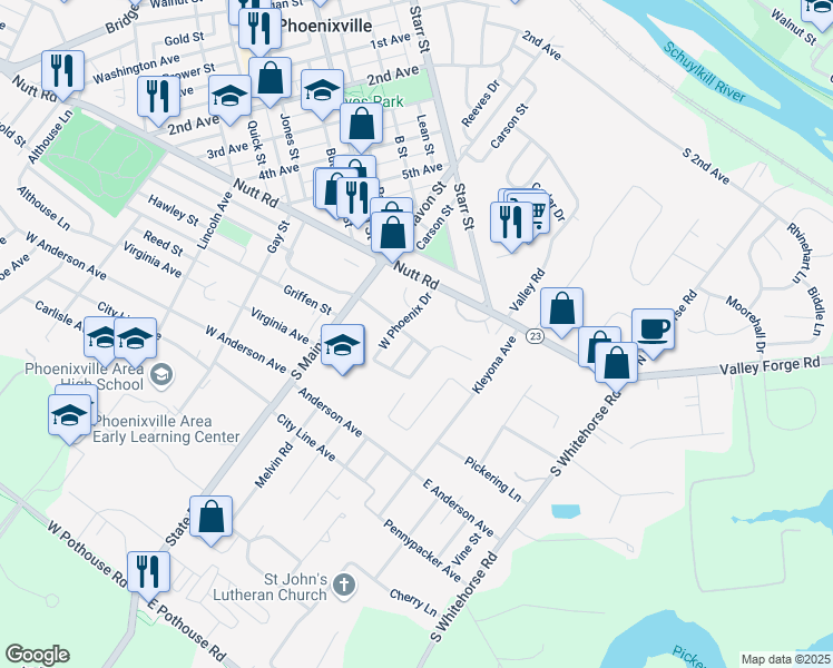 map of restaurants, bars, coffee shops, grocery stores, and more near 18 Dianna Drive in Phoenixville