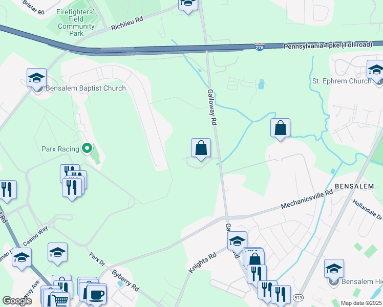 map of restaurants, bars, coffee shops, grocery stores, and more near 114 Derby Lane in Bucks County