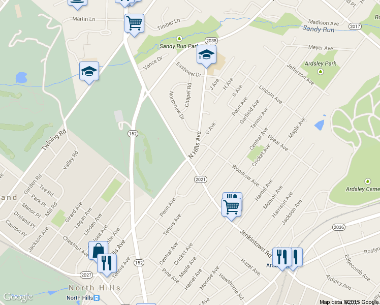 map of restaurants, bars, coffee shops, grocery stores, and more near 3101 Jenkintown Road in Glenside