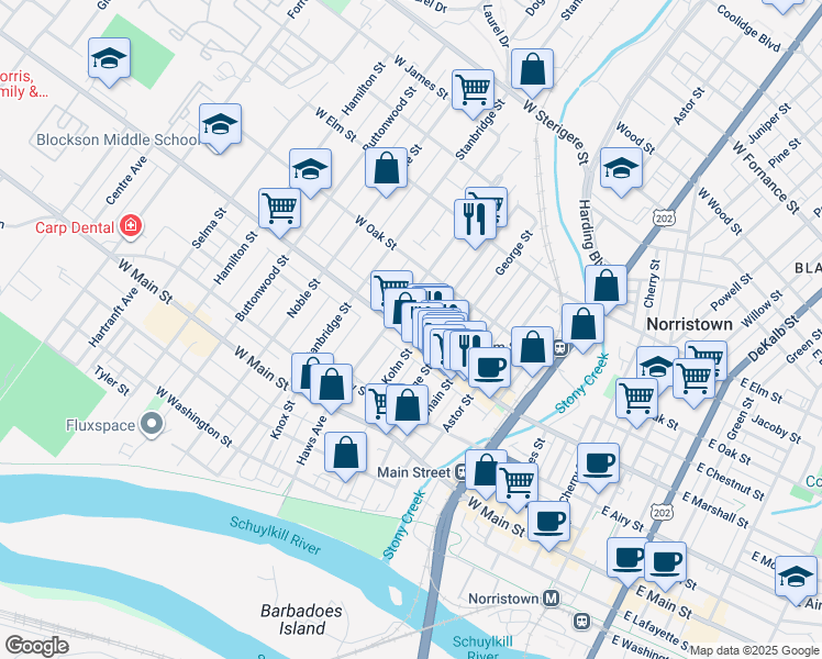 map of restaurants, bars, coffee shops, grocery stores, and more near 709 West Marshall Street in Norristown
