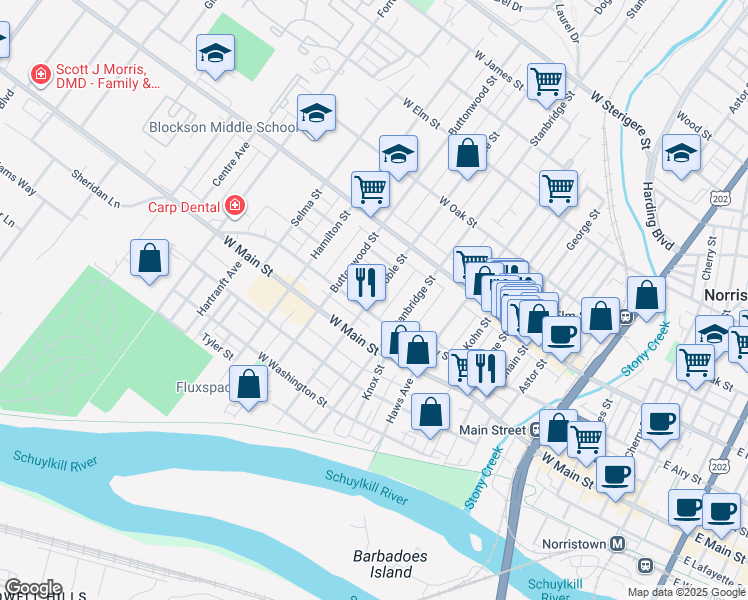 map of restaurants, bars, coffee shops, grocery stores, and more near 512 Noble Street in Norristown