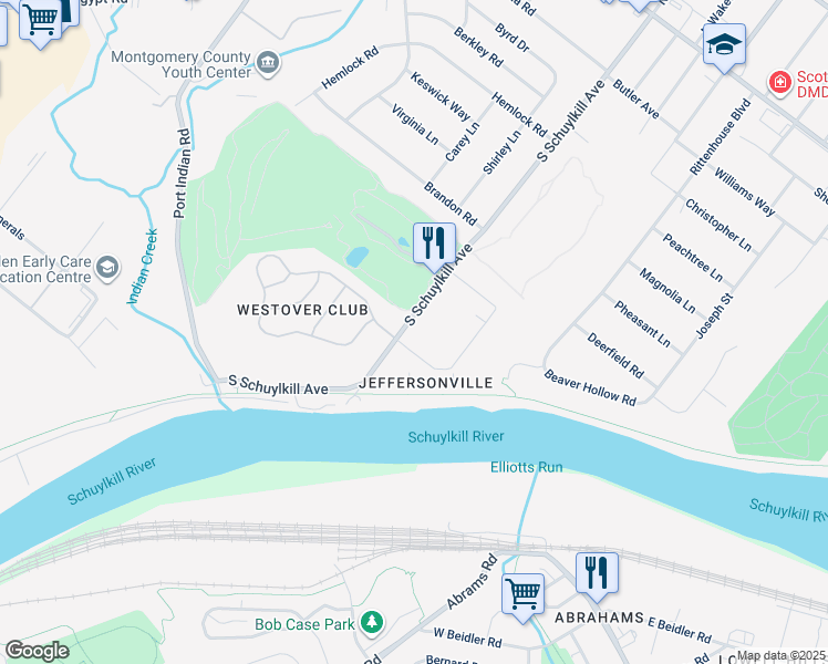 map of restaurants, bars, coffee shops, grocery stores, and more near 136 Riversedge Drive in Norristown