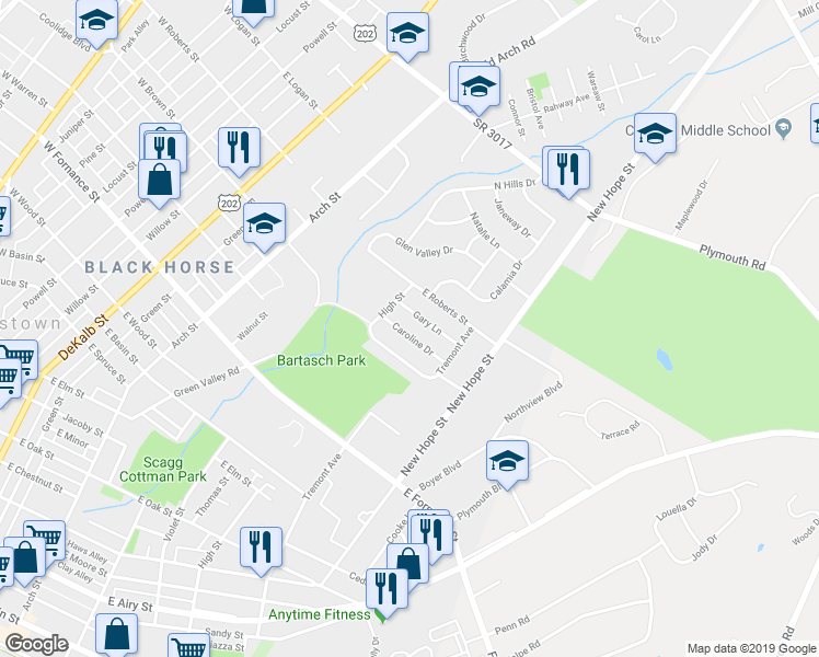 map of restaurants, bars, coffee shops, grocery stores, and more near 617 Caroline Drive in Norristown