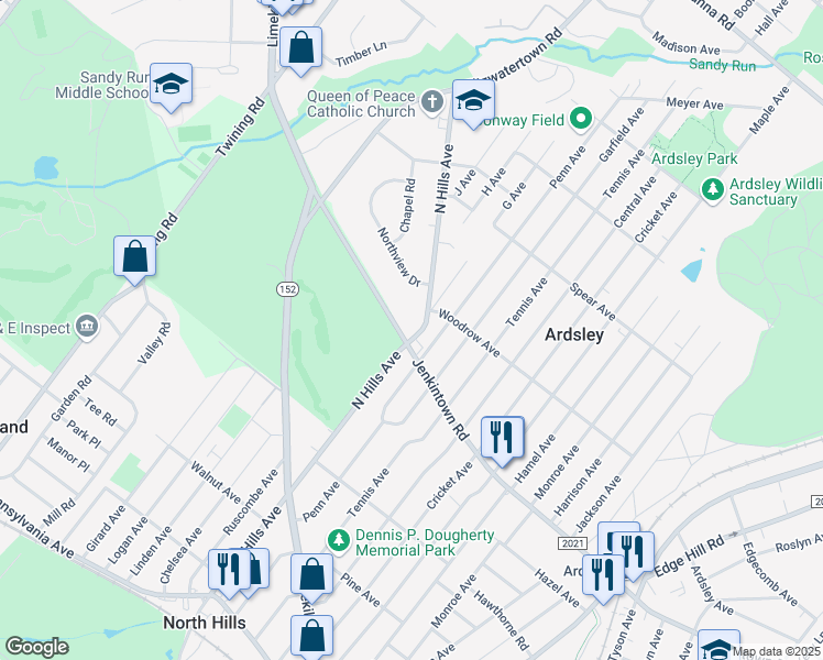 map of restaurants, bars, coffee shops, grocery stores, and more near 3101 Jenkintown Road in Glenside