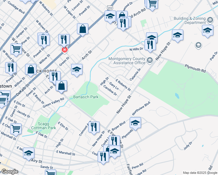 map of restaurants, bars, coffee shops, grocery stores, and more near 617 Caroline Drive in Norristown