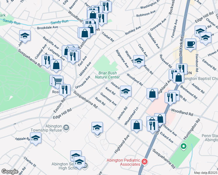 map of restaurants, bars, coffee shops, grocery stores, and more near 2153 Kent Road in Abington