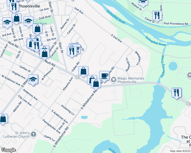 map of restaurants, bars, coffee shops, grocery stores, and more near 19 Vincent Road in Phoenixville