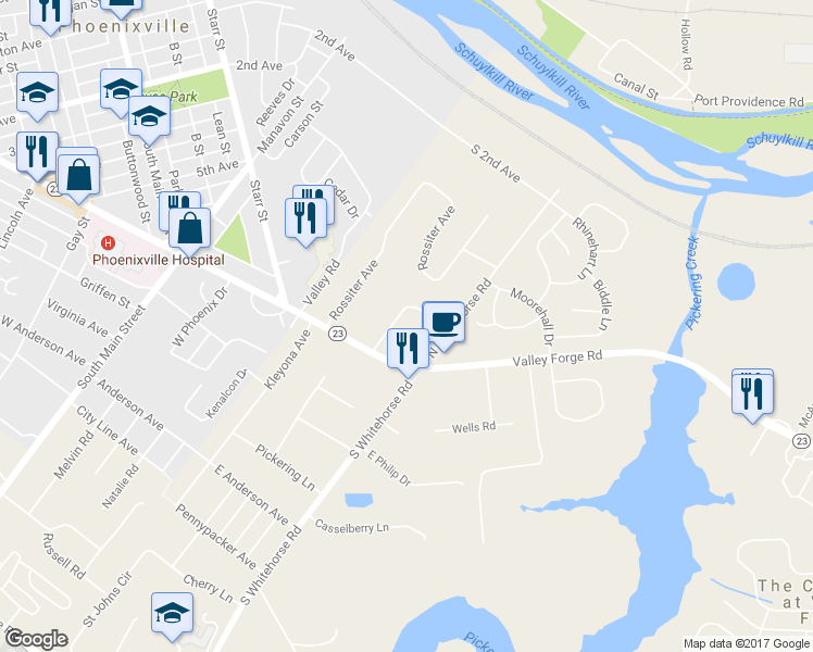 map of restaurants, bars, coffee shops, grocery stores, and more near 19 Vincent Road in Phoenixville