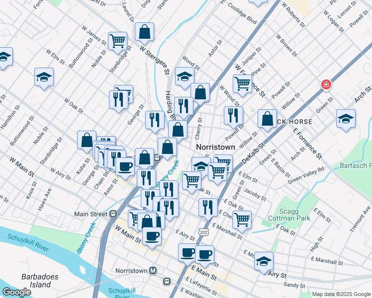 map of restaurants, bars, coffee shops, grocery stores, and more near 1027 Park Alley in Norristown