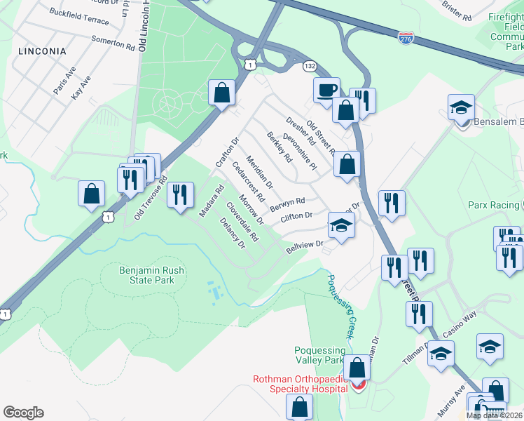 map of restaurants, bars, coffee shops, grocery stores, and more near 3631 Cedarcrest Road in Bensalem
