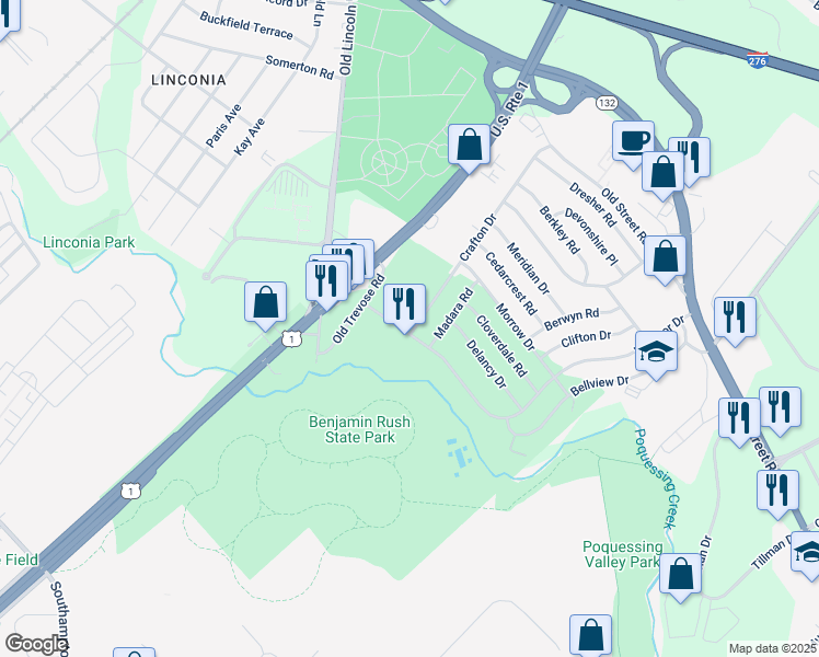 map of restaurants, bars, coffee shops, grocery stores, and more near 2510 Crafton Drive in Bensalem