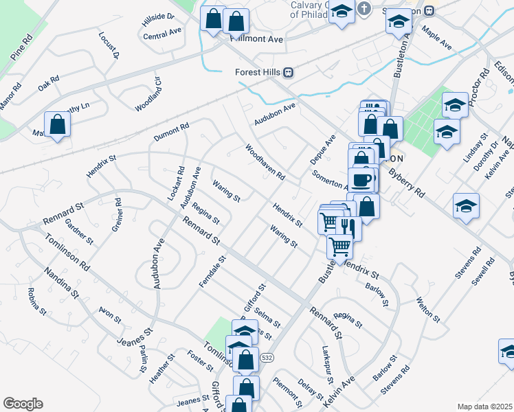 map of restaurants, bars, coffee shops, grocery stores, and more near 11894 Ferndale Street in Philadelphia