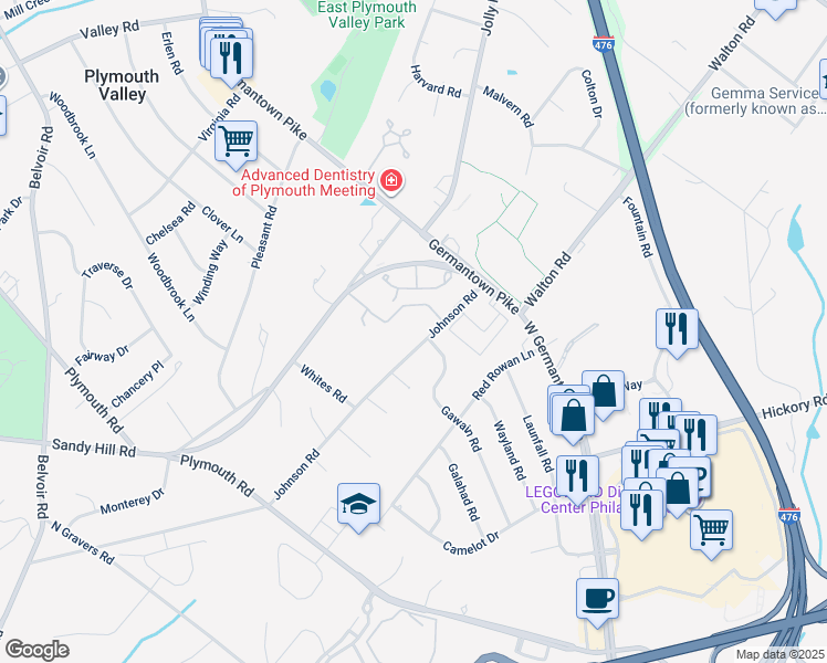 map of restaurants, bars, coffee shops, grocery stores, and more near 1925 Johnson Road in Plymouth Meeting