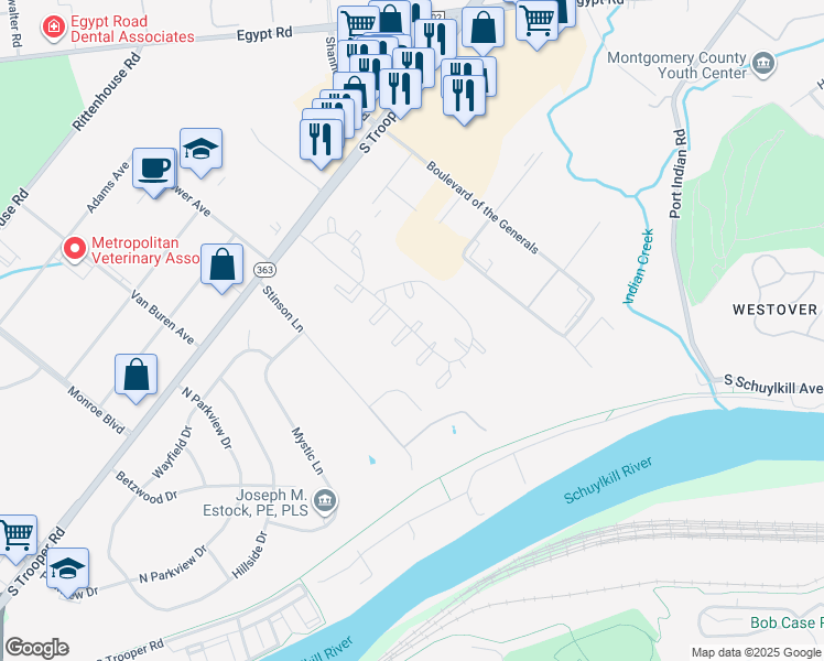 map of restaurants, bars, coffee shops, grocery stores, and more near Norris Hall Ln & Reagan Ct in West Norriton