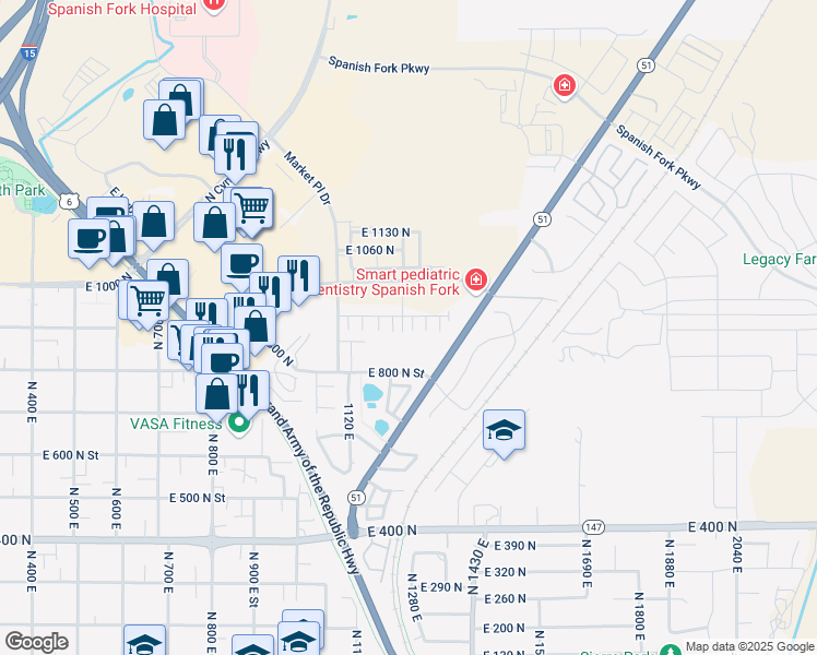 map of restaurants, bars, coffee shops, grocery stores, and more near 895 North 1280 East in Spanish Fork