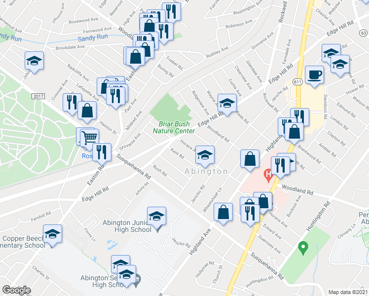 map of restaurants, bars, coffee shops, grocery stores, and more near 2142 Horace Avenue in Abington