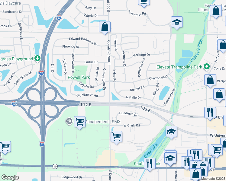 map of restaurants, bars, coffee shops, grocery stores, and more near 508 Irvine Road in Champaign