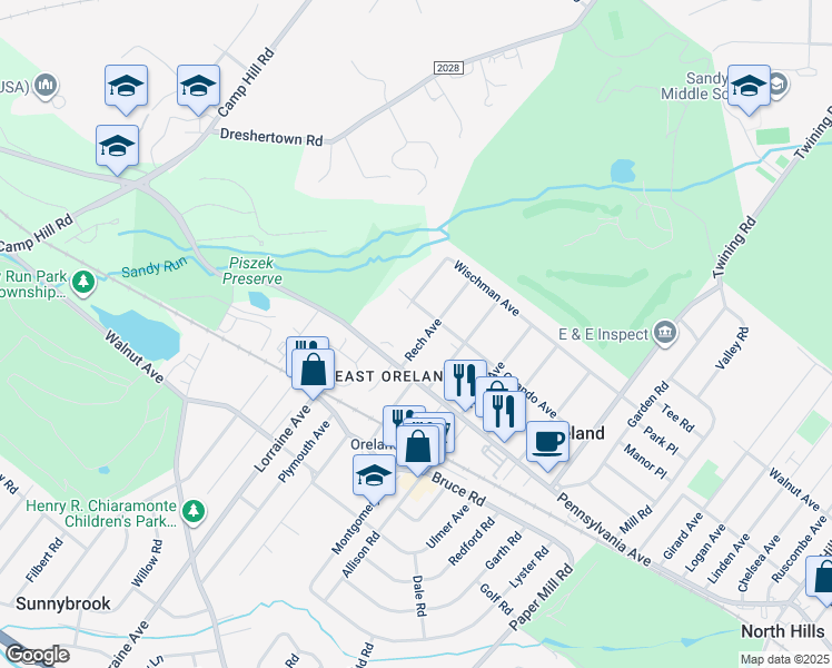 map of restaurants, bars, coffee shops, grocery stores, and more near 117 Rech Avenue in Oreland